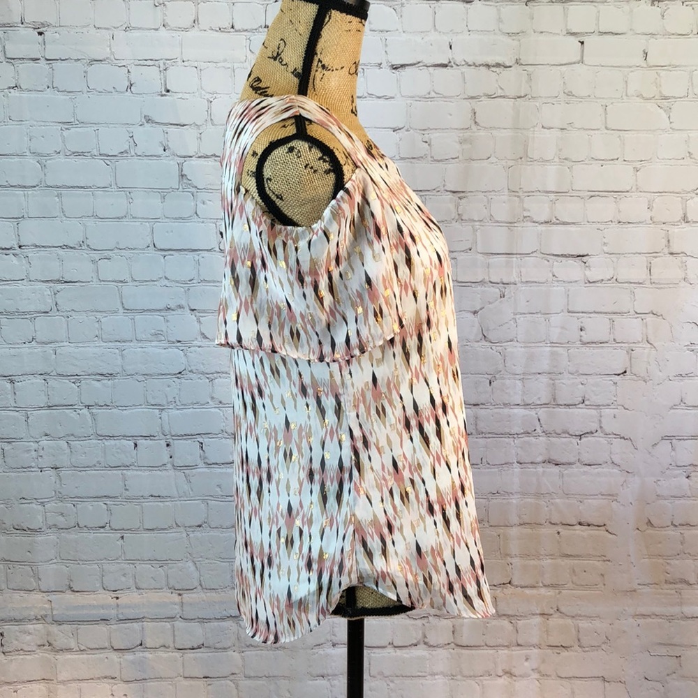Roz & Ali Top Sheer Lined Cold Shoulder Blouse Brown Pink Angle Prints Small - Picture 2 of 7